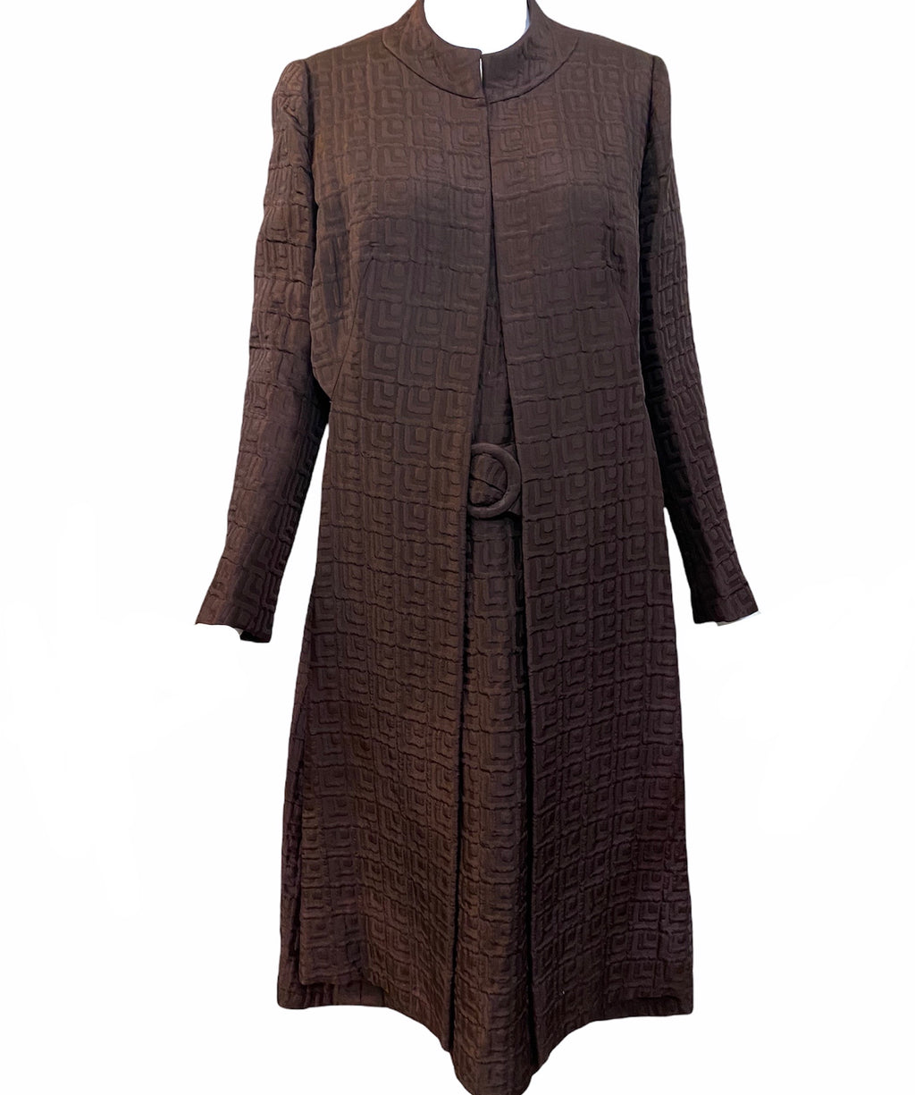 Anne Lise 60s Brown Matelasse Afternoon Dress Ensemble FRONT 1 of 7