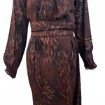  Iconic Halston 70s Brown Print Twill Wrap Dress FRONT 1 of 5