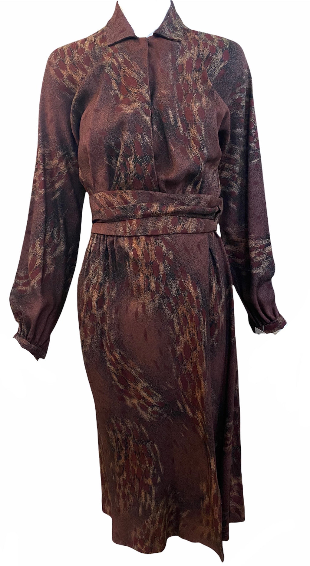 Iconic Halston 70s Brown Print Twill Wrap Dress FRONT 1 of 5