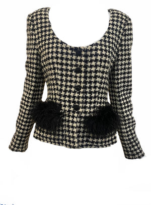 Valentino 80s Black and White Houndstooth Evening Jacket with Marabou Accents