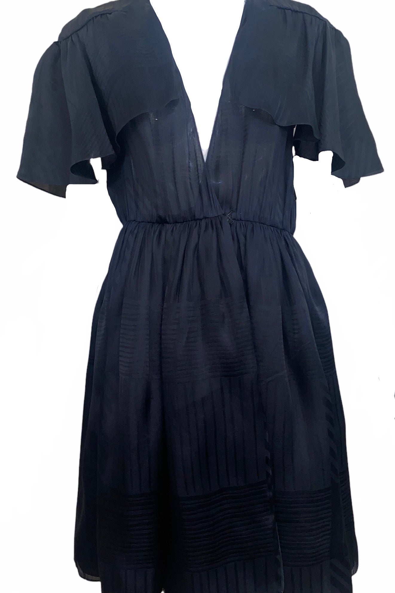 Halston 1970s Black Silk Taffeta Jacquard Flutter Sleeve Wrap Dress Halston 1970s Black Silk Taffeta Jacquard Flutter Sleeve Wrap Dress