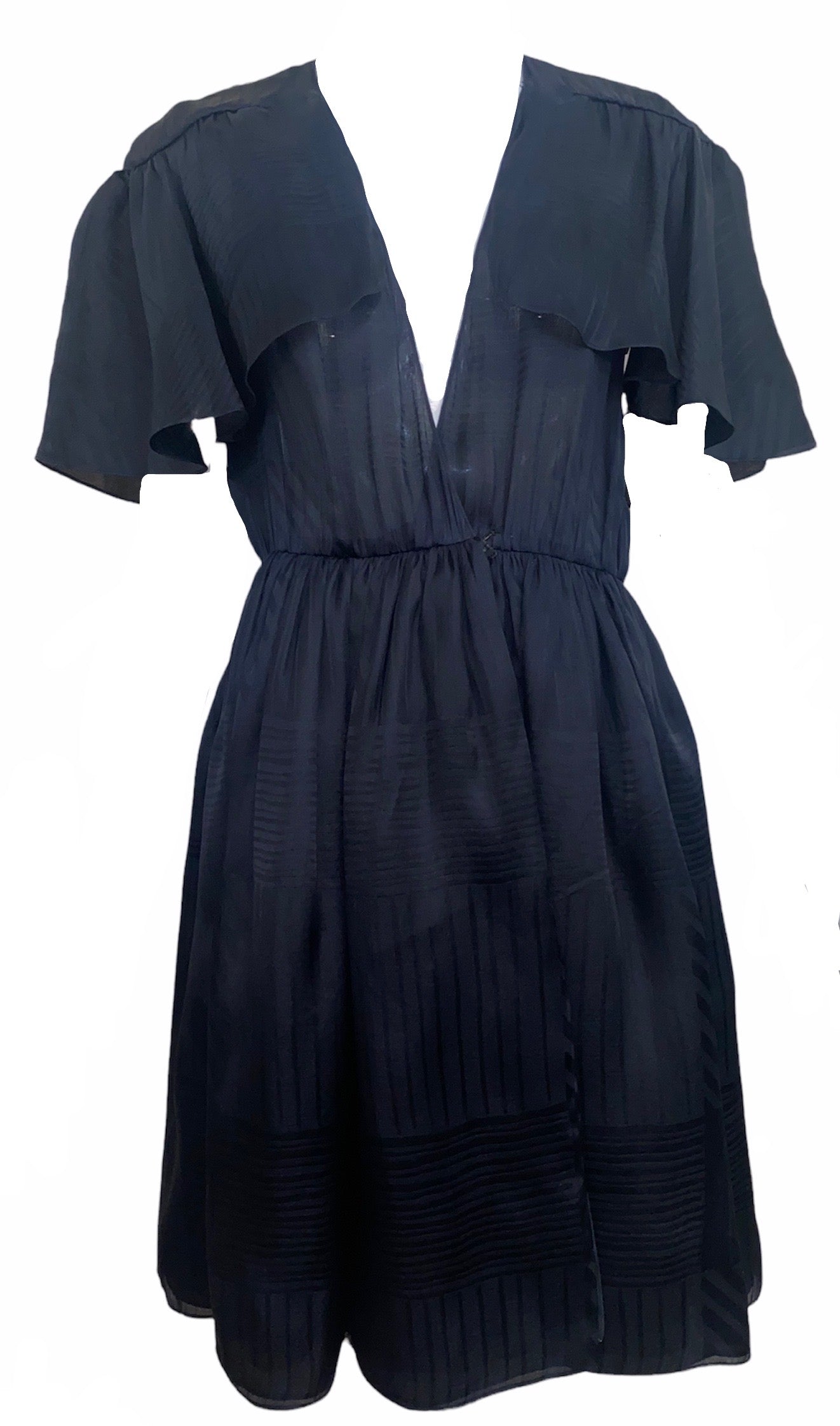 Halston 1970s Black Silk Taffeta Jacquard Flutter Sleeve Wrap Dress Halston 1970s Black Silk Taffeta Jacquard Flutter Sleeve Wrap Dress