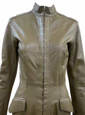  Louis Vuitton Olive Green Leather Coat Dress DETAIL 4 of 7