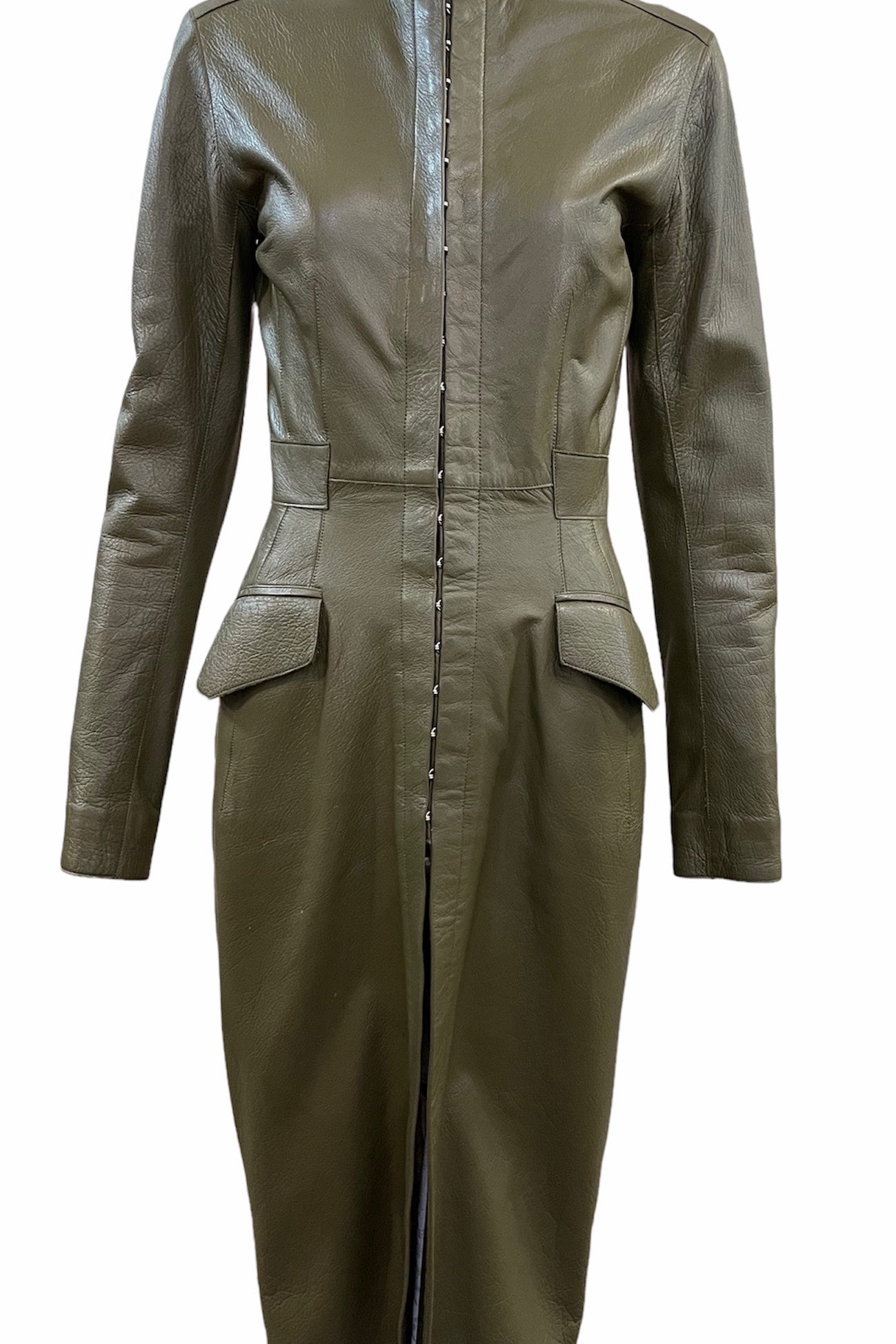  Louis Vuitton Olive Green Leather Coat Dress FRONT 1 of 7
