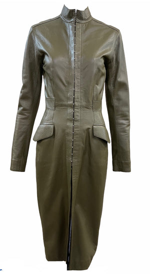  Louis Vuitton Olive Green Leather Coat Dress FRONT 1 of 7