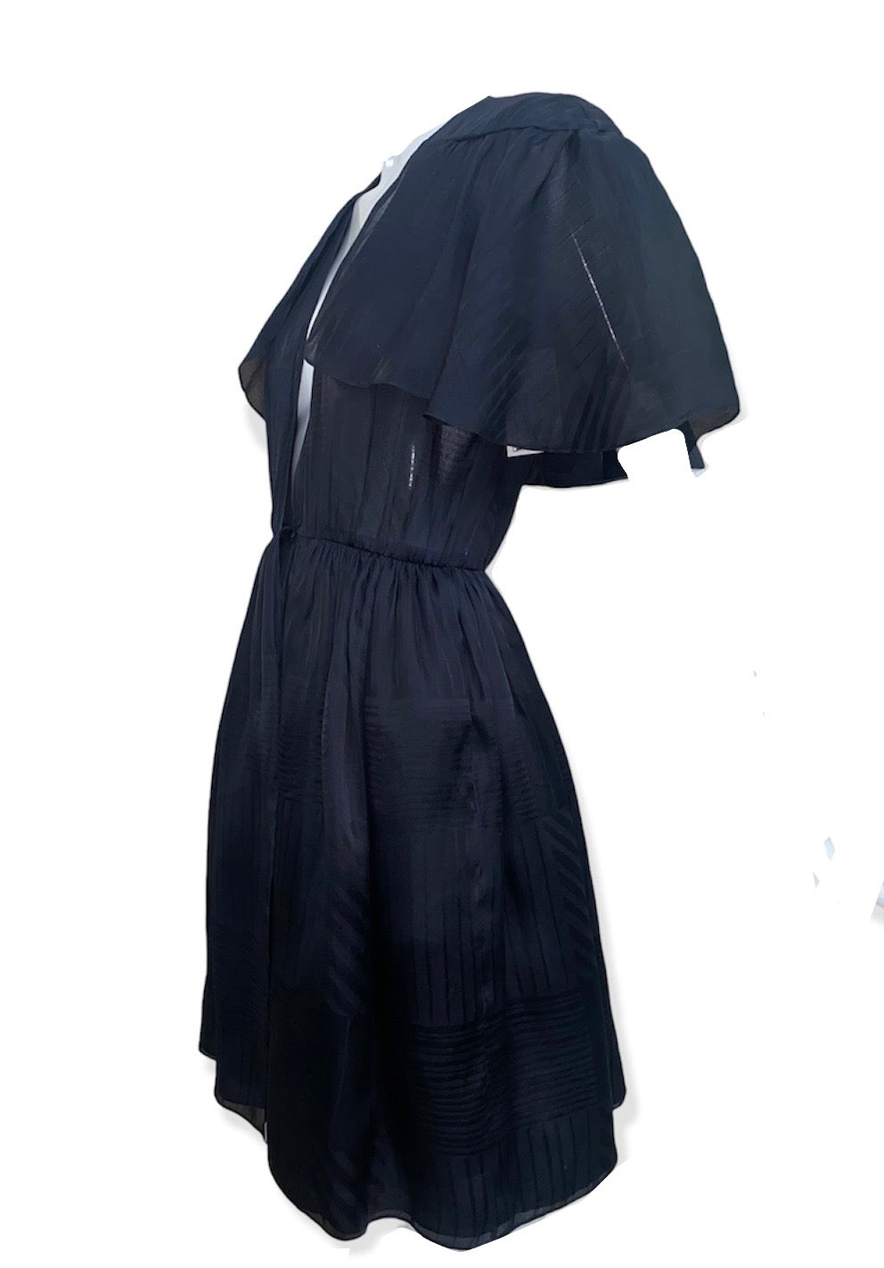 Halston 1970s Black Silk Taffeta Jacquard Flutter Sleeve Wrap Dress Halston 1970s Black Silk Taffeta Jacquard Flutter Sleeve Wrap Dress