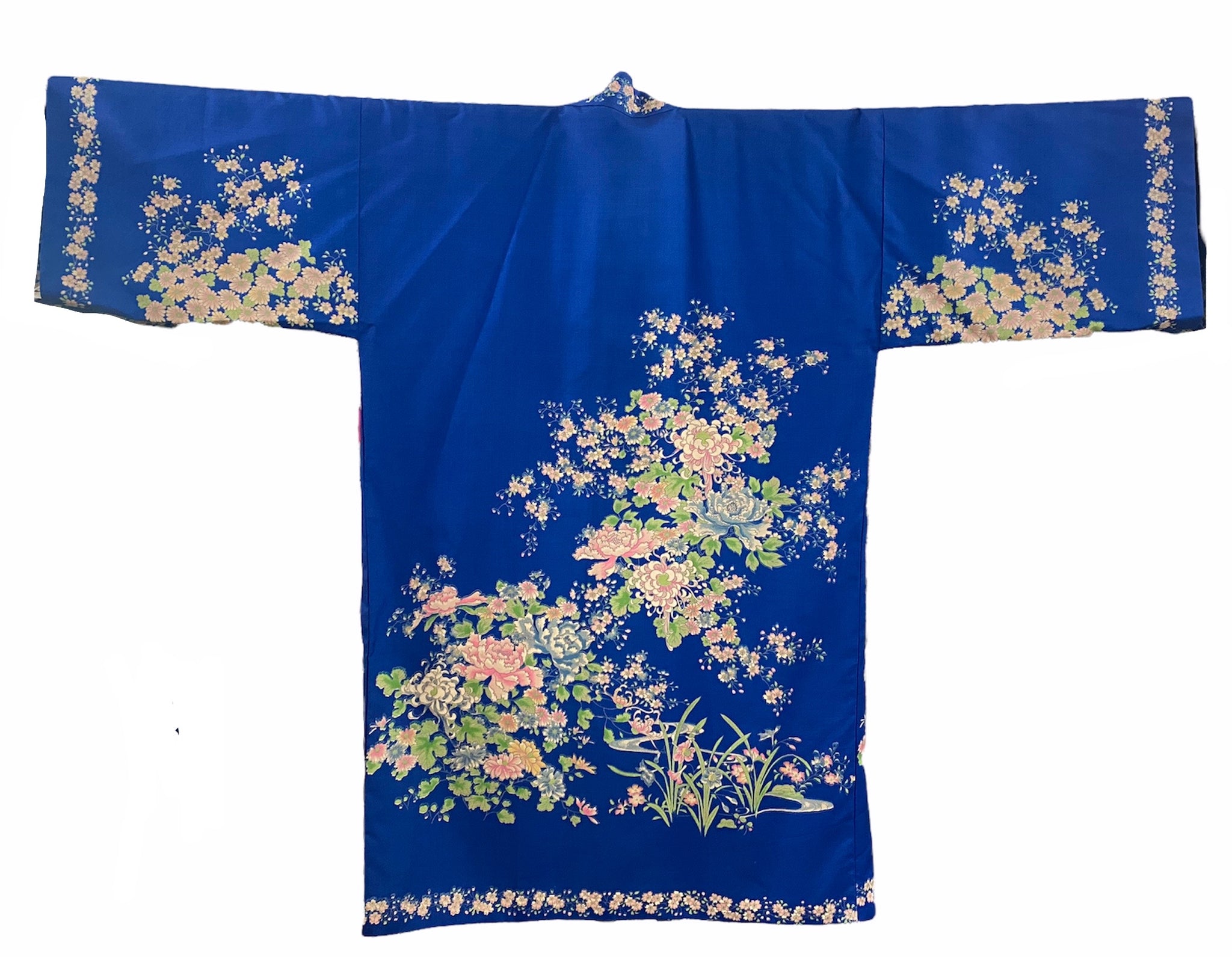 Hiyashi Japanese Blue Silk Floral Belted Robe BACK 2 of 6