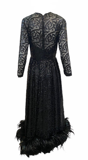  Bill Blass Atttribution 70s Black Sequin Gown With Feather Hem BACK 3 of 5