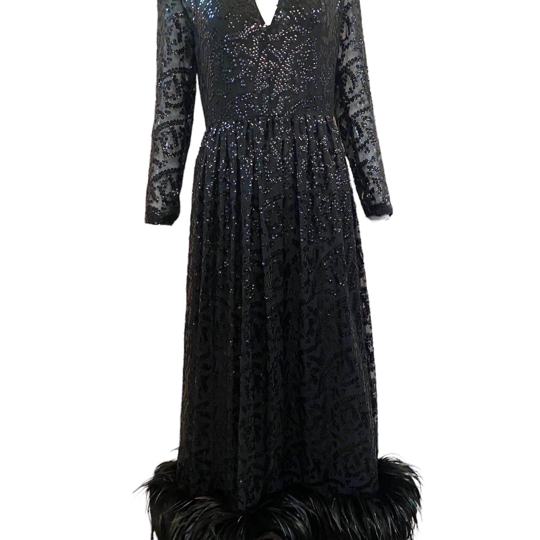  Bill Blass Atttribution 70s Black Sequin Gown With Feather Hem FRONT 1 of 5