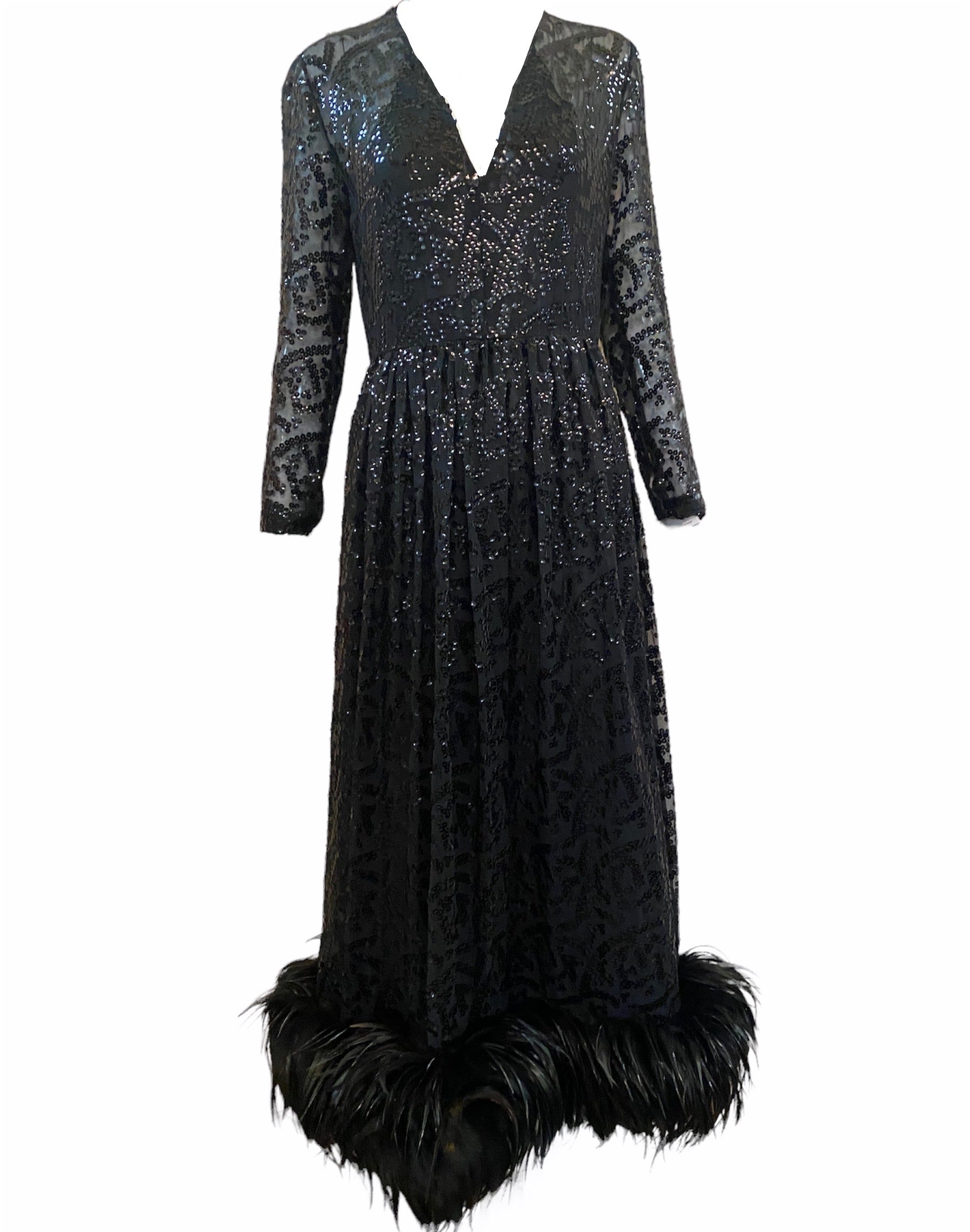 Bill Blass 1970's Black Sequin Gown With Feather Hem – THE WAY WE WORE
