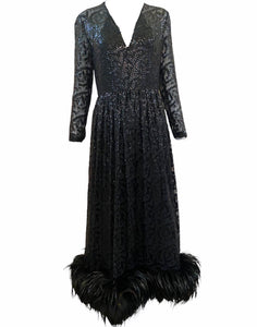  Bill Blass Atttribution 70s Black Sequin Gown With Feather Hem FRONT 1 of 5