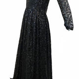  Bill Blass Atttribution 70s Black Sequin Gown With Feather Hem SIDE 2 of 5