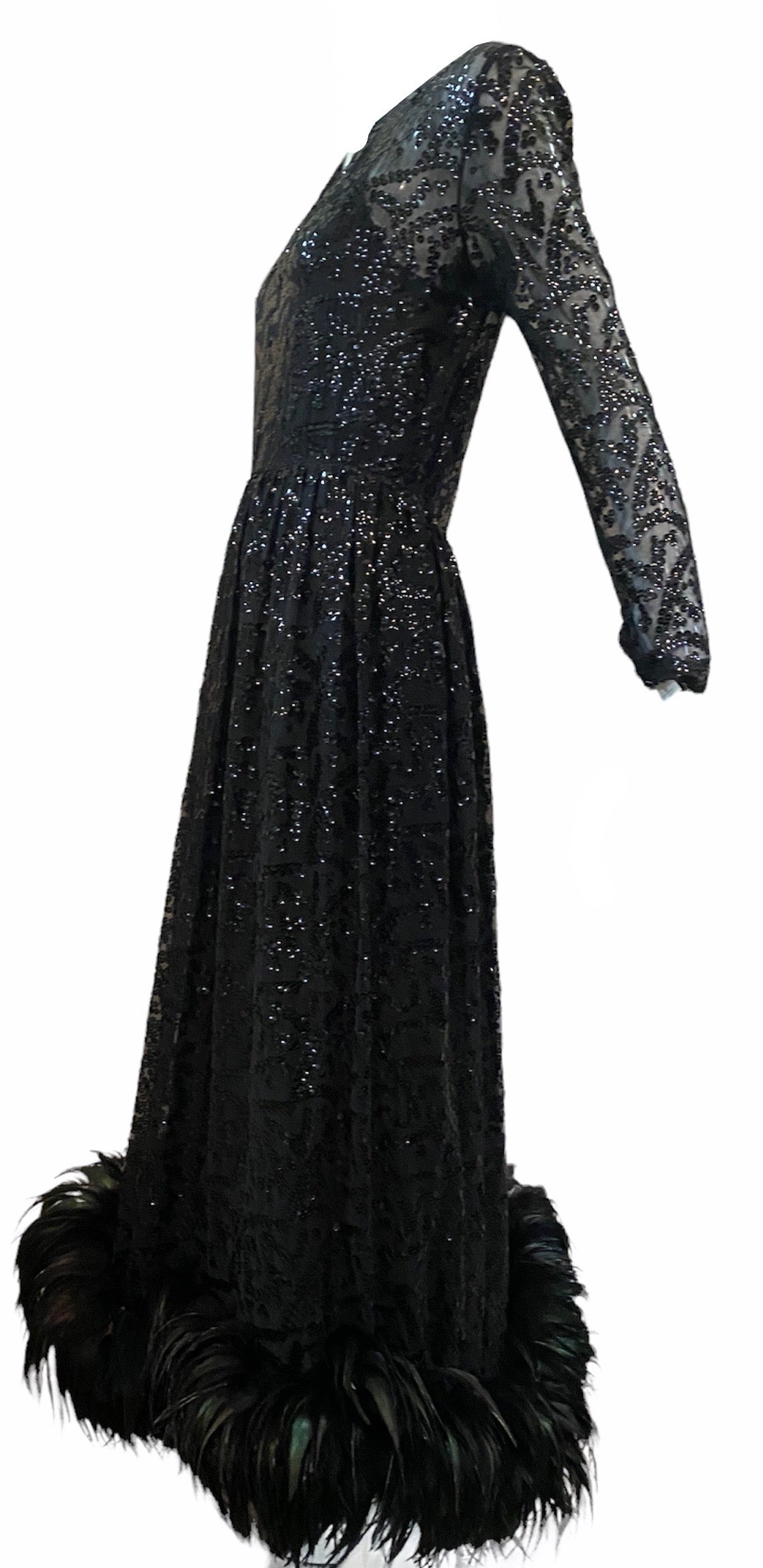Bill Blass 1970's Black Sequin Gown With Feather Hem Bill Blass 1970's Black Sequin Gown With Feather Hem