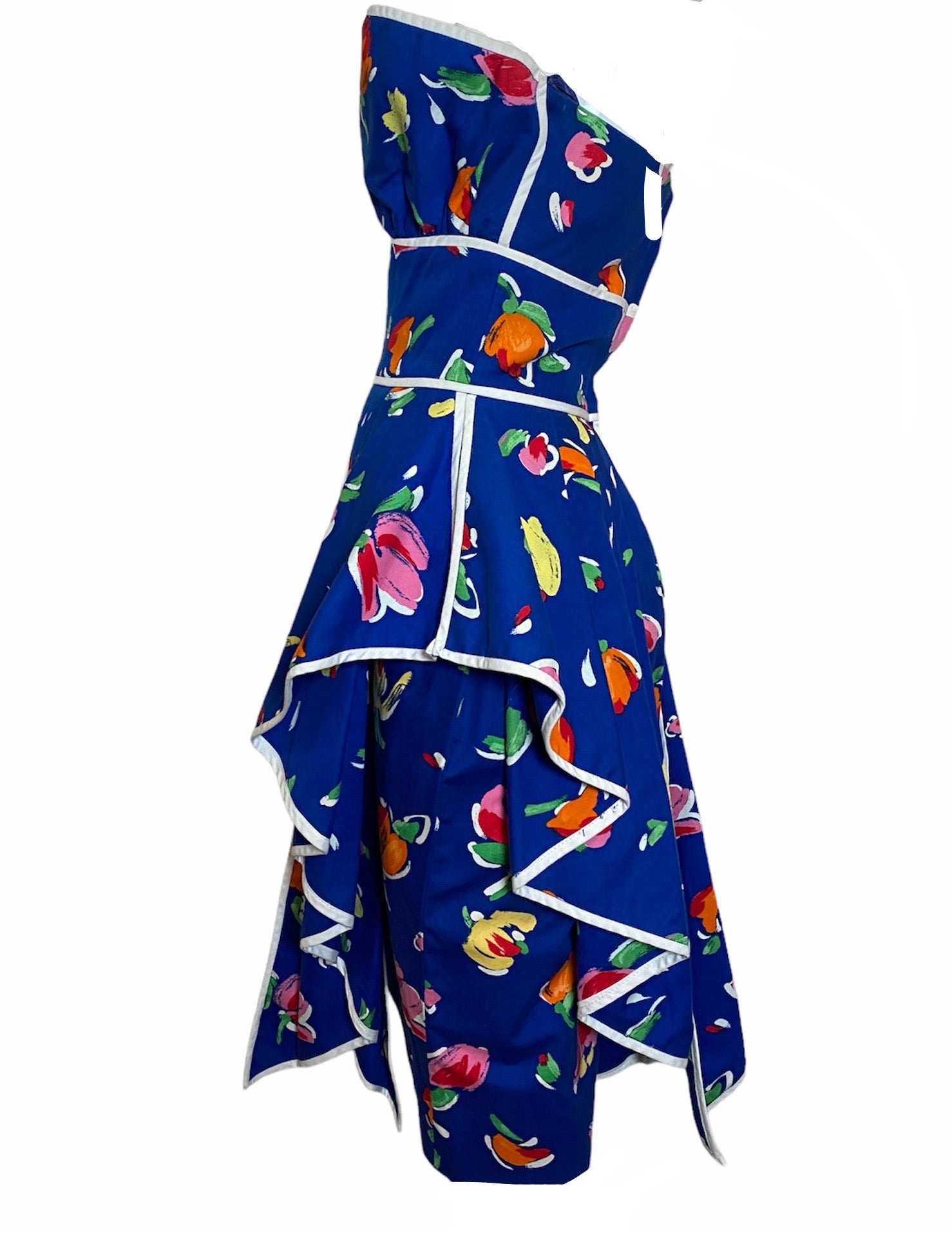 Sideview of Victor Costa DressVictor Costa 80s Blue Strapless Floral Summer Dress SIDE 2 of 4