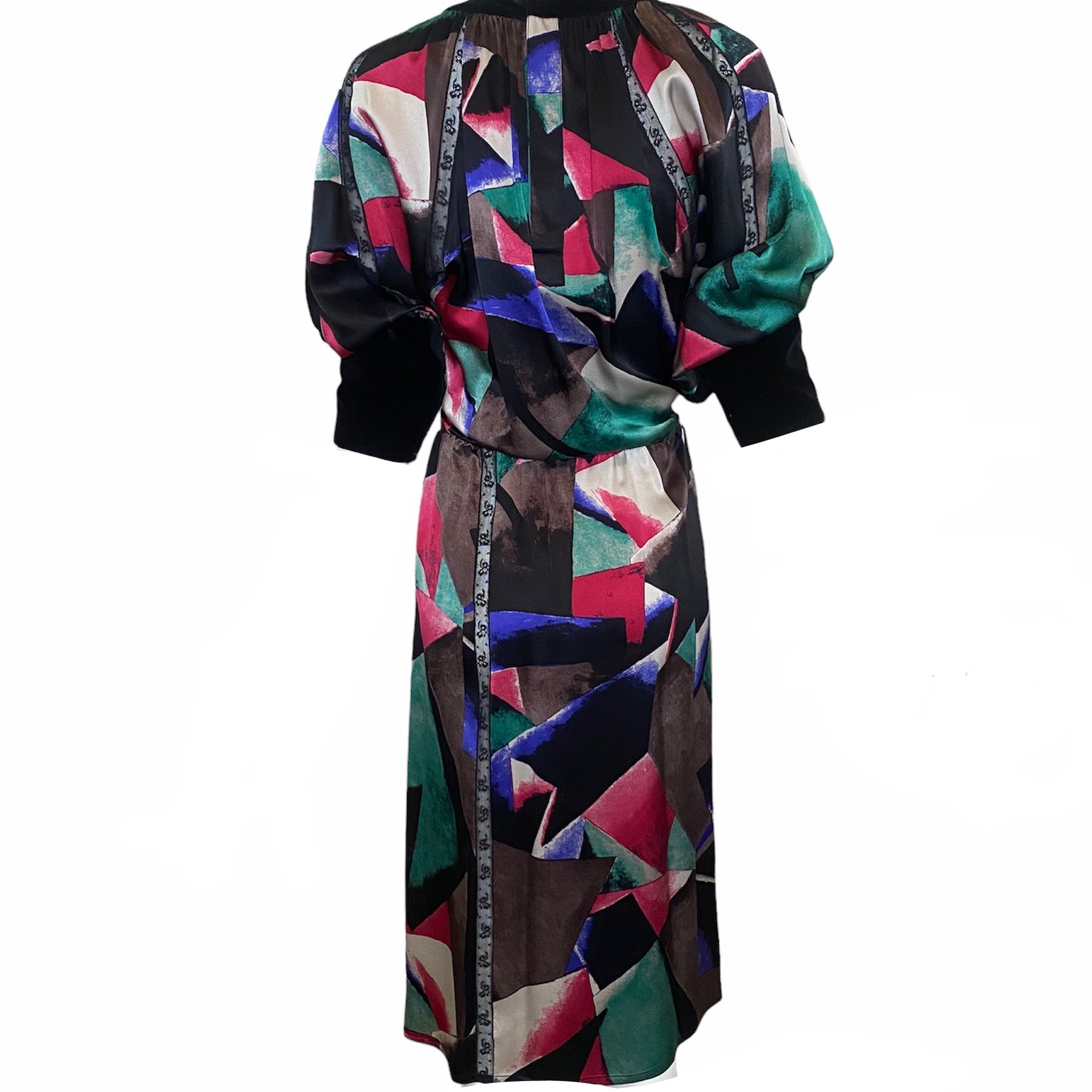  Chloe 80s Silk Print Dress with Velvet Trim BACK 2 of 6