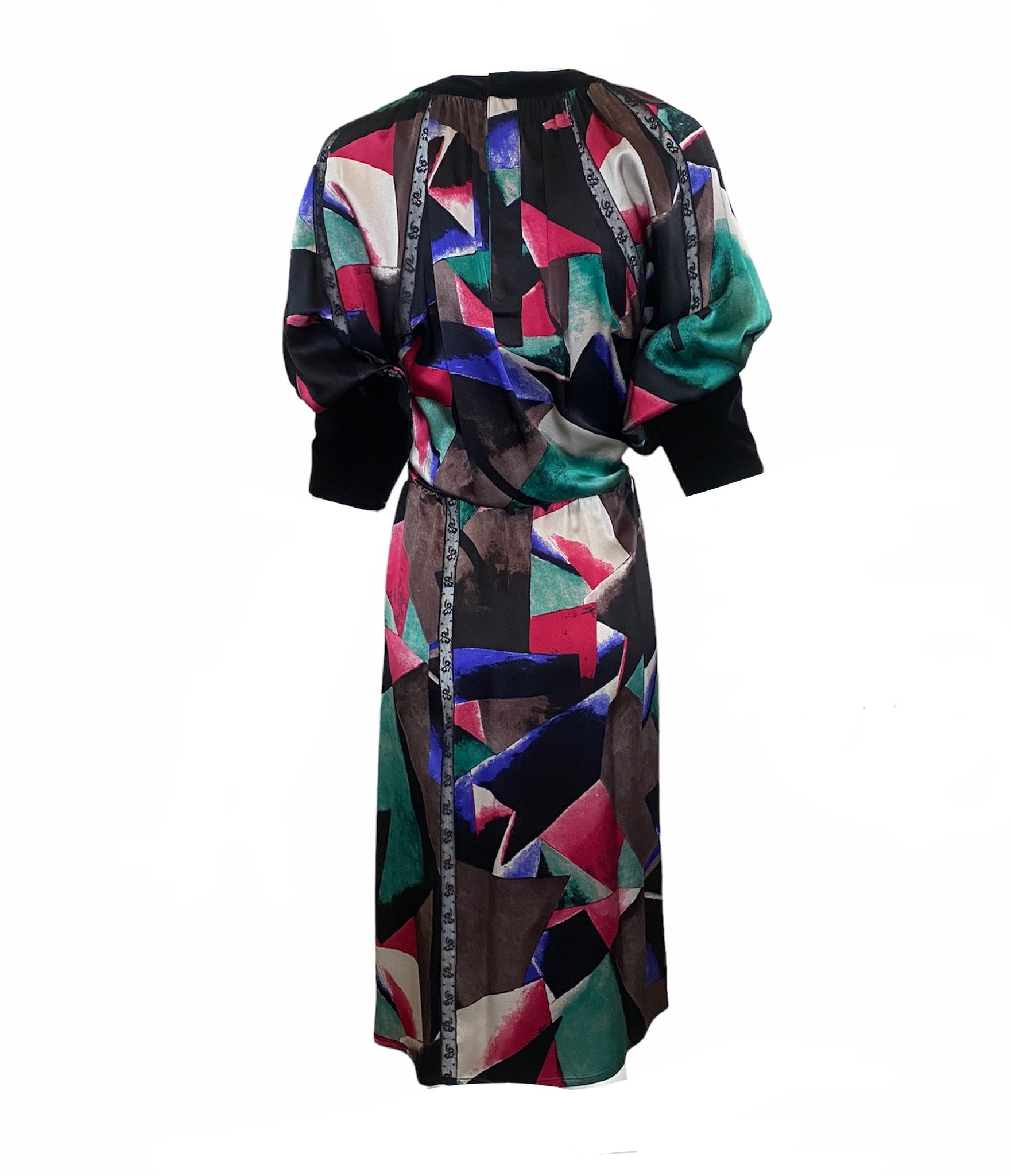  Chloe 80s Silk Print Dress with Velvet Trim BACK 2 of 6