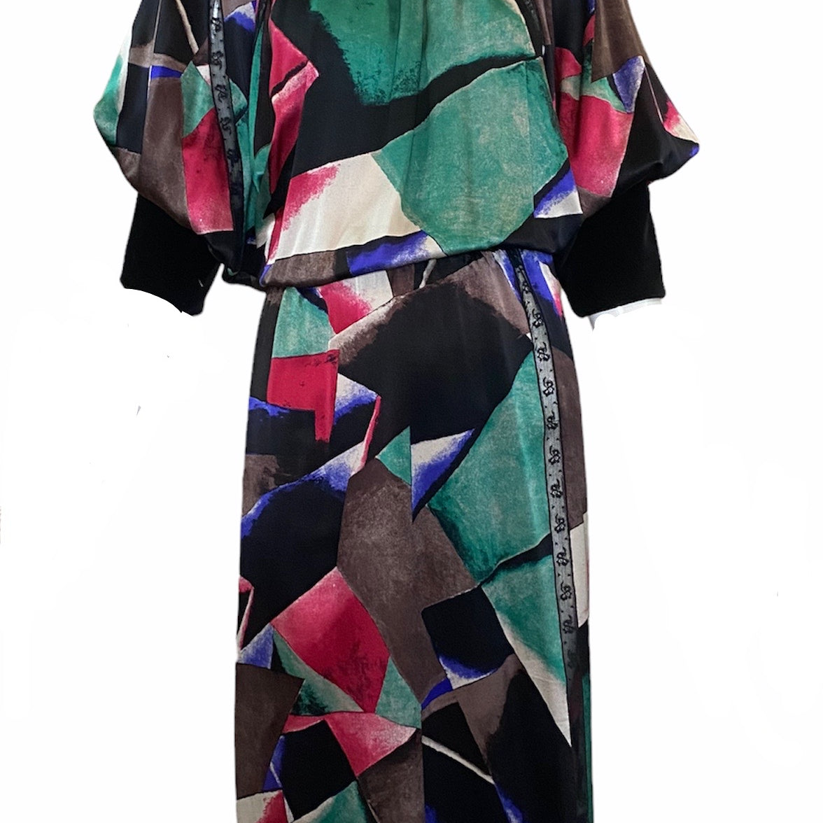  Chloe 80s Silk Print Dress with Velvet Trim FRONT 1 o 6