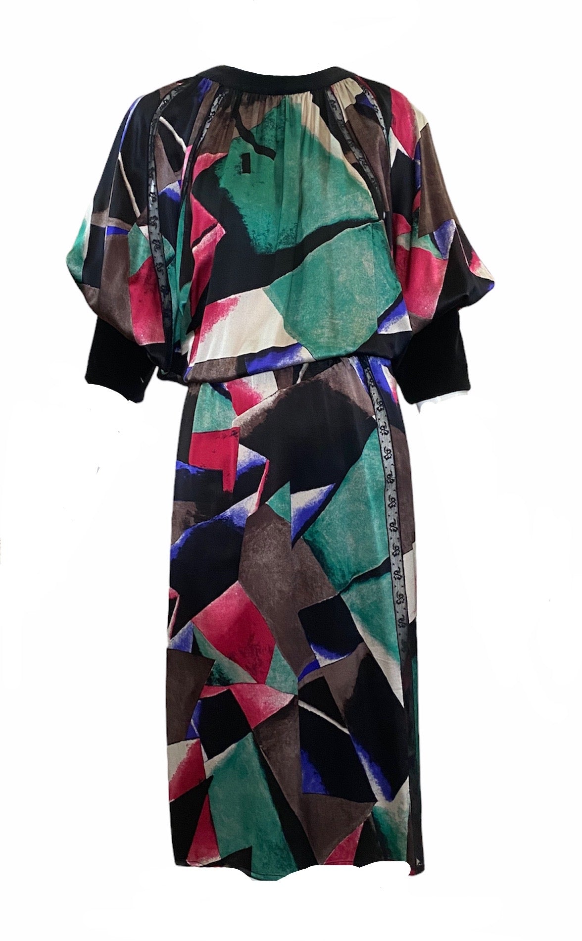  Chloe 80s Silk Print Dress with Velvet Trim FRONT 1 o 6