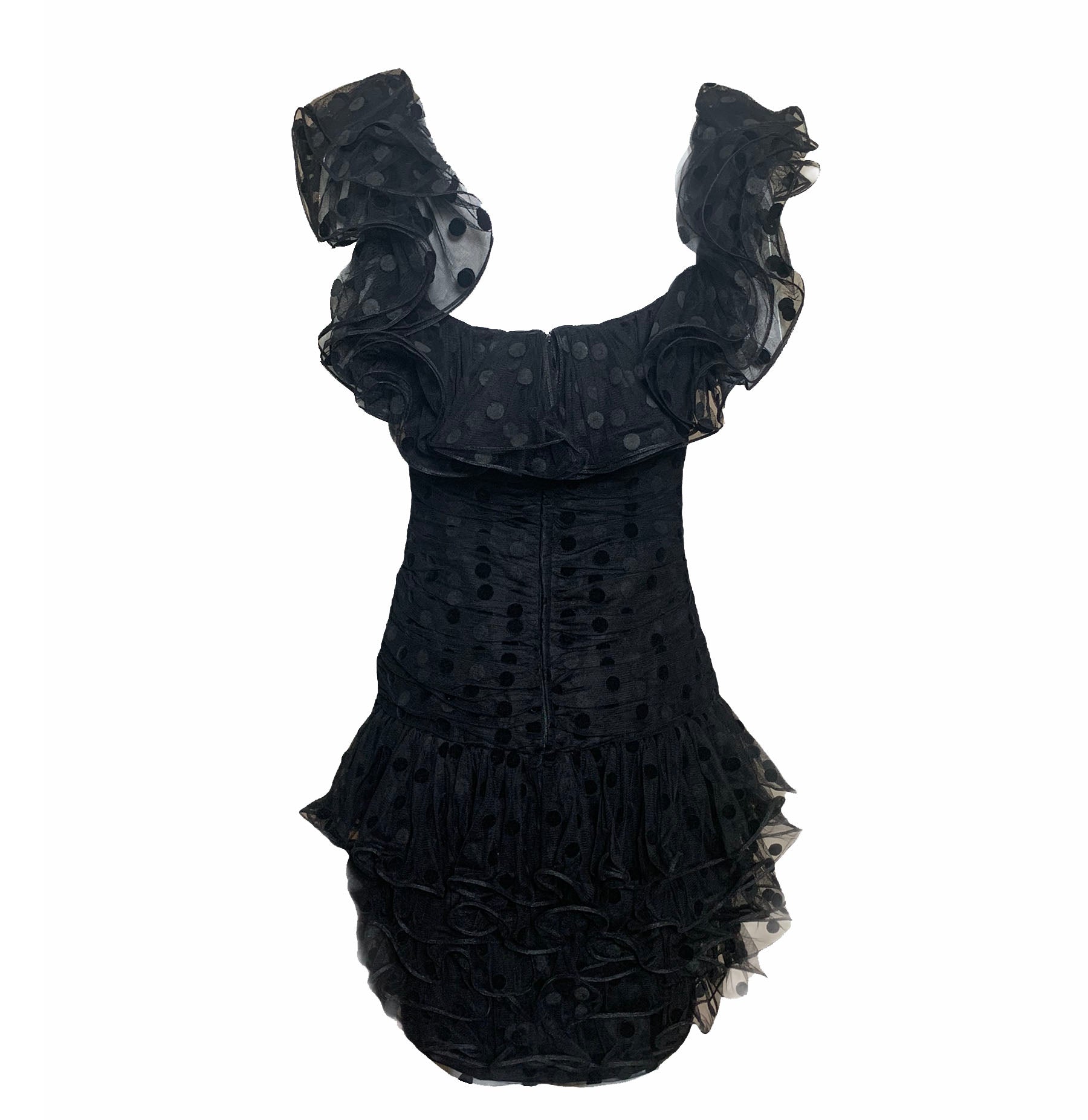  Vicky Tiel 80s Black Ruffled Polka Dot Tulle Party Dress BACK 3 of 5