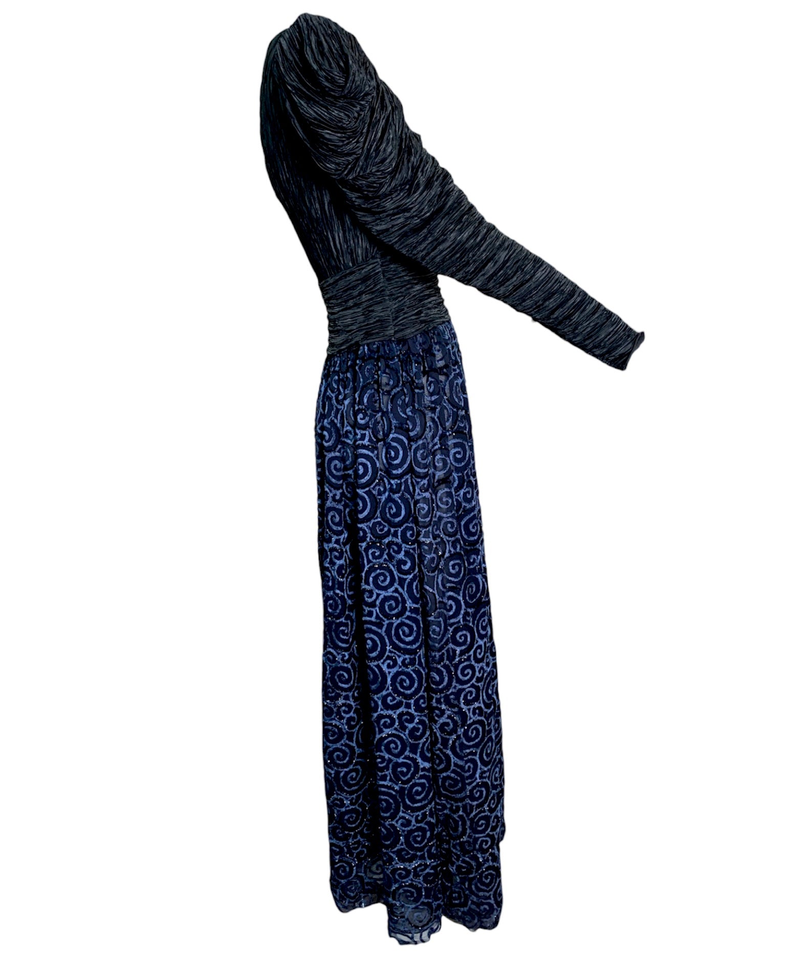 Mary McFadden 80s Blue Pleated Gown with Cut Velvet Skirt. SIDE 2 of 6