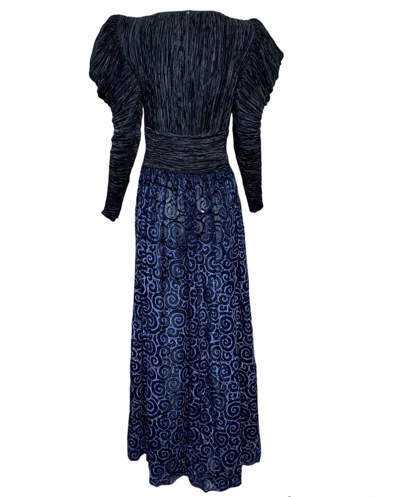 Mary McFadden 80s Blue Pleated Gown with Cut Velvet Skirt. BACK 3 of 6