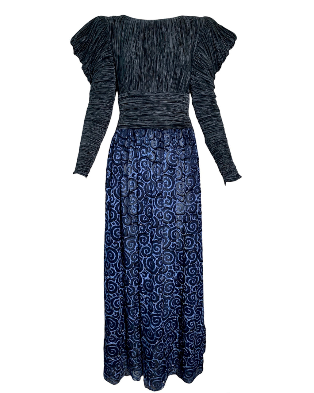 Mary McFadden 80s Blue Pleated Gown with Cut Velvet Skirt. FRONT 1 of 6